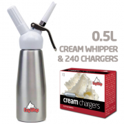 Ezywhip Cream Whipper 0.5L Silver and Chargers 10 Pack x 24 (240 Bulbs)