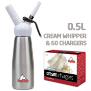 Ezywhip Cream Whipper 0.5L Silver and Chargers 10 Pack x 6 (60 Bulbs)