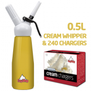 Ezywhip Cream Whipper 0.5L Yellow and Chargers 10 Pack x 24 (240 Bulbs)